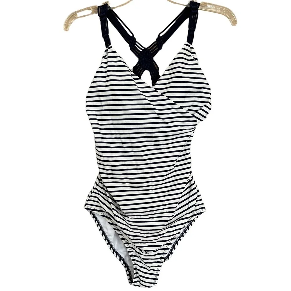 Kona Sol Bathing Suit Womens Medium Blue White Stripe 1 Pc Macrame Pool Vacation